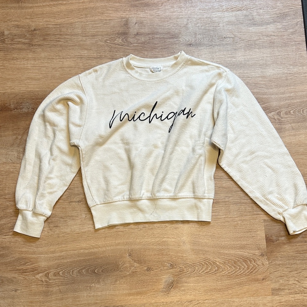 Cream Women's Sweater with Michigan Writing on Front